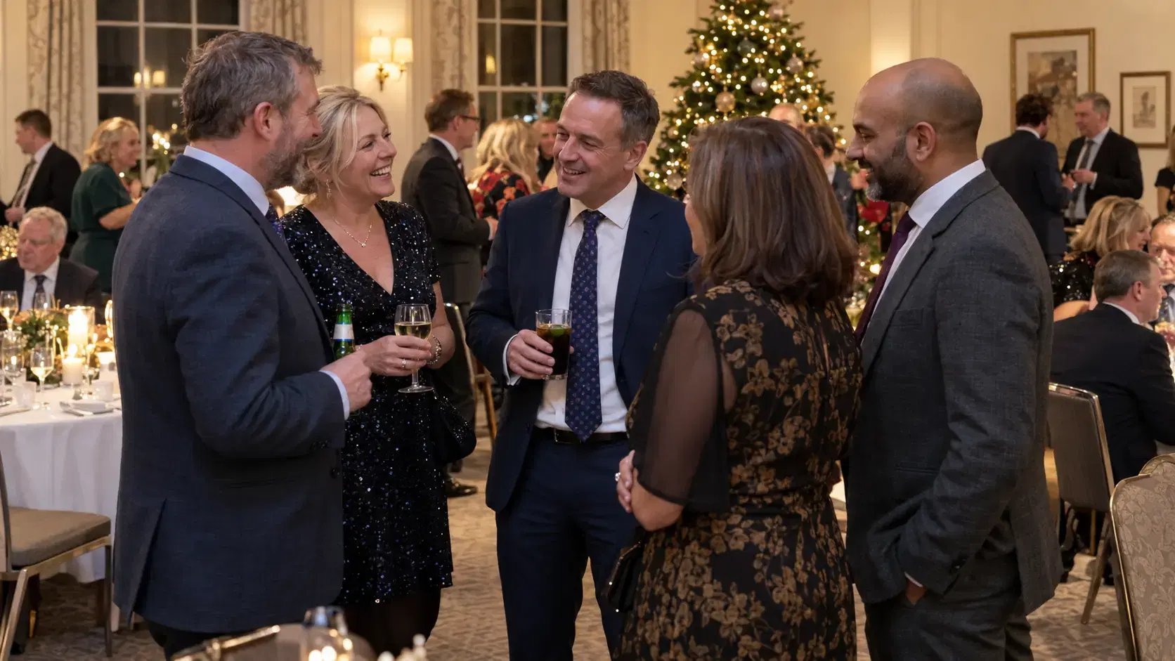 Christmas party guests with drinks in a hotel function room before dinner, the point in the evening the return plan is built around