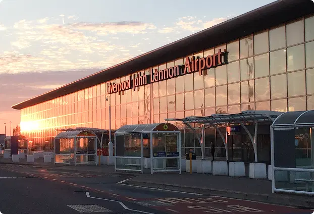 Liverpool John Lennon Airport LPL single terminal building — coach drop-off area
