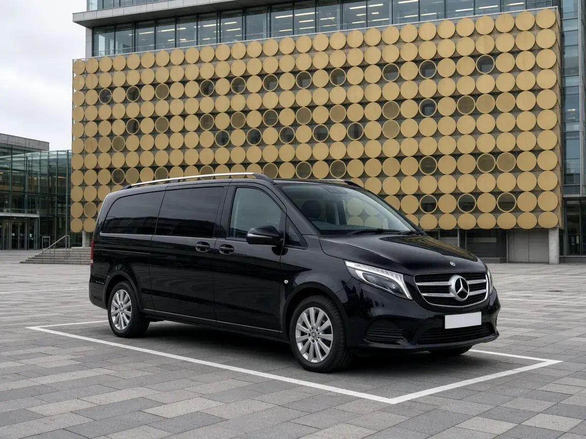 Black 4 to 8 seater minibus parked by the Library of Birmingham