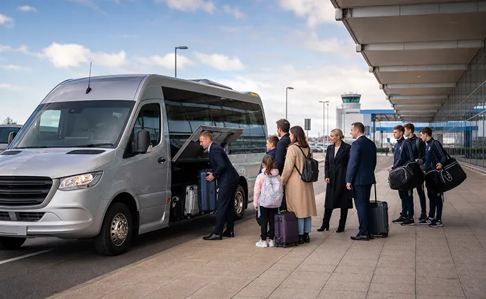 Minibus with driver collecting a group for a Stansted Airport transfer