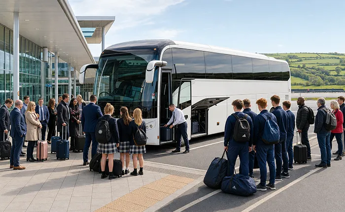 Full-size coach to London City Airport for a school group transfer
